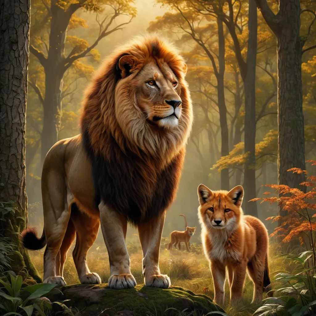 a lion and a fox standing in a forest with trees and grass in the background, with sunlight coming through the trees, furry art, poster art, Chris LaBrooy, official art