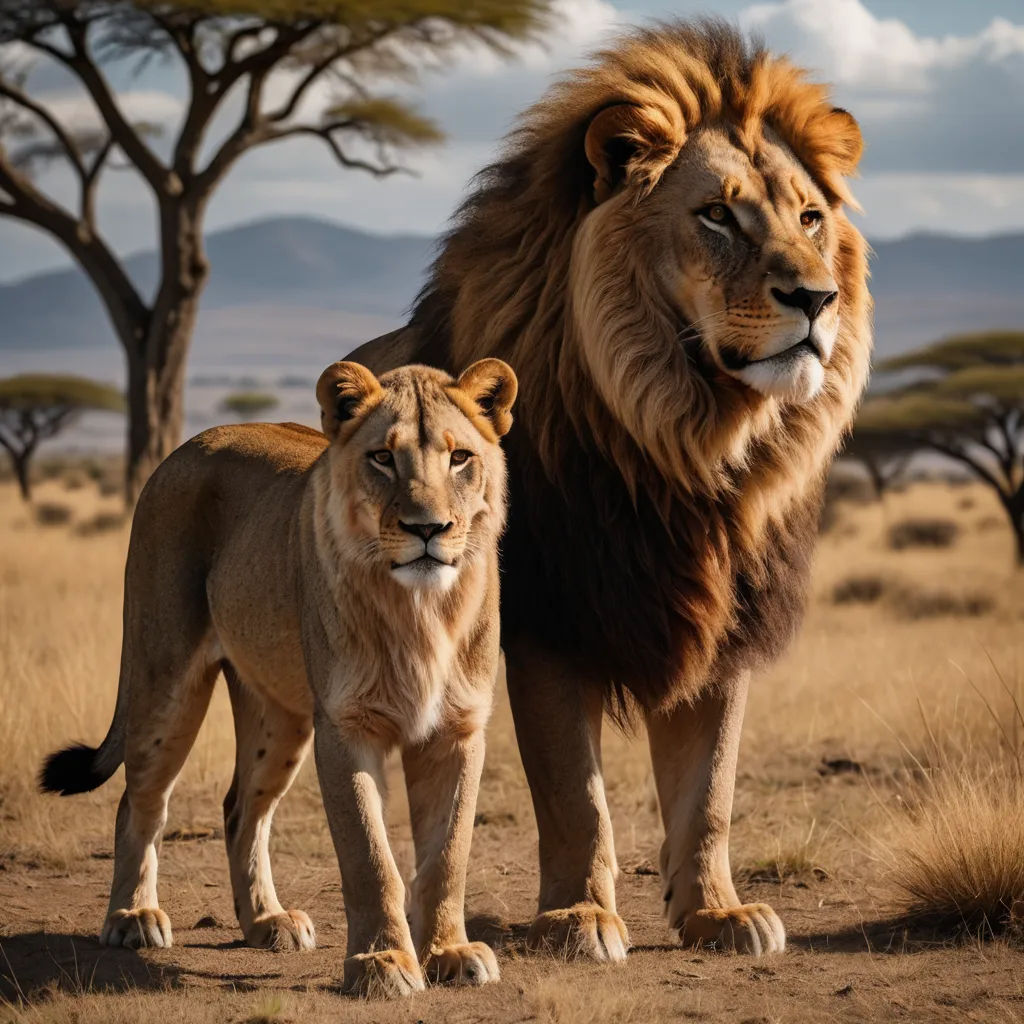 a couple of lions standing on top of a dry grass field next to a tree and a hill in the background, sumatraism, a stock photo, Chris LaBrooy, wildlife photography