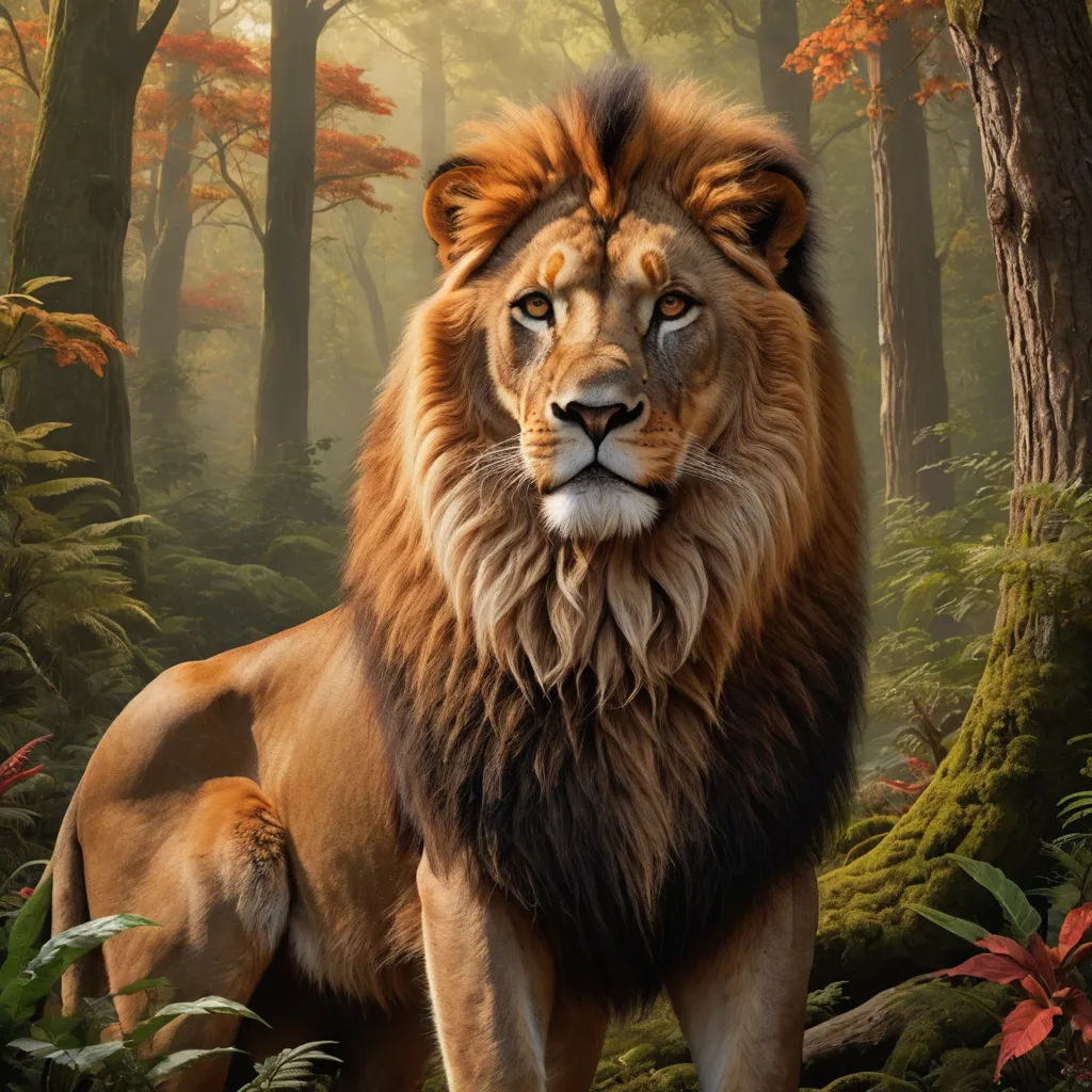 a lion standing in a forest with trees and foliage in the background and a painting of a lion in the foreground, furry art, an airbrush painting, Chris LaBrooy, photoreal