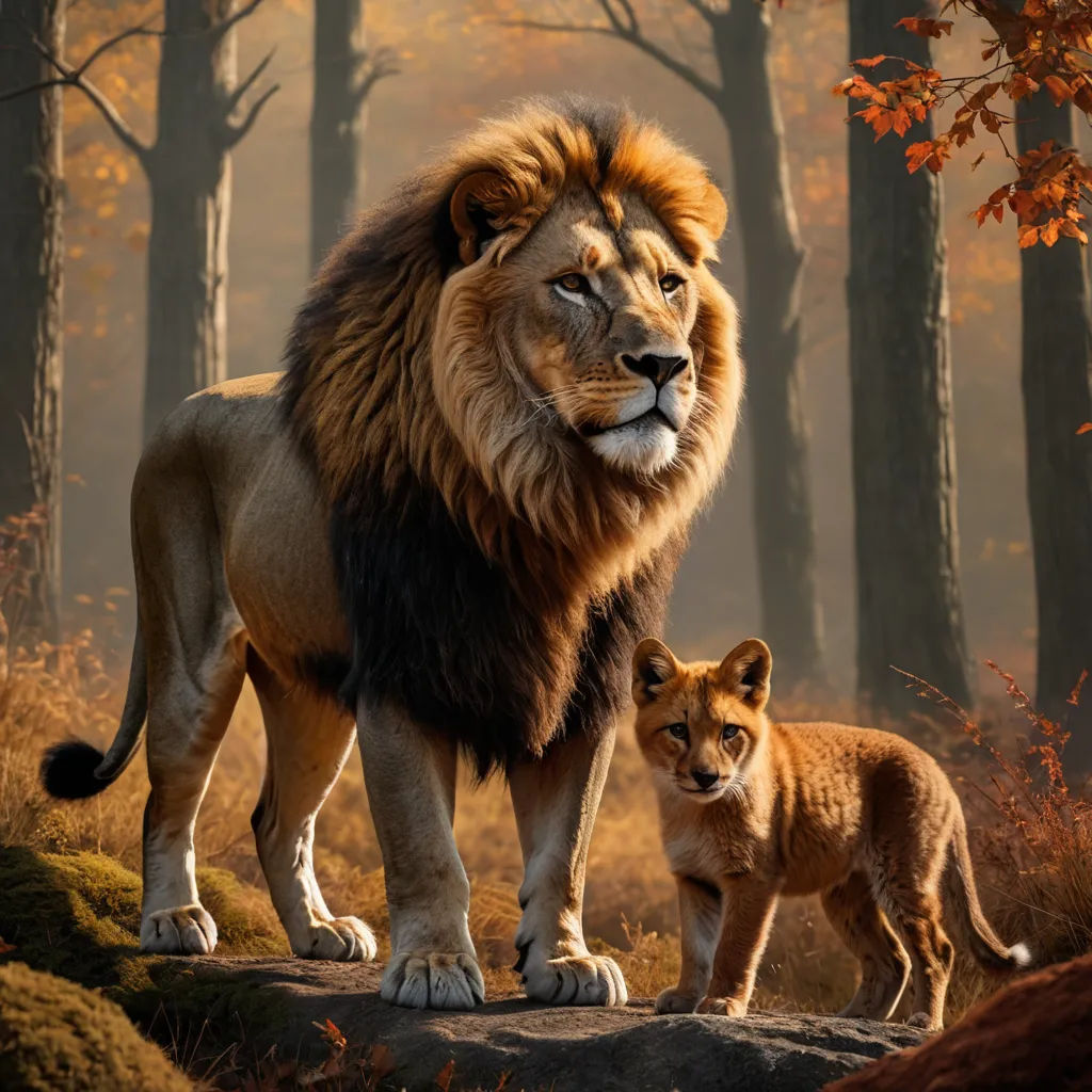a lion and a cub stand in a forest with trees in the background and a foggy sky in the background, sots art, concept art, Brothers Hildebrandt, official art