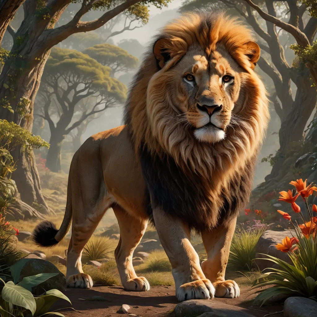 a lion standing in a forest with trees and flowers around it's neck and a bird on its back, photorealism, a matte painting, Chris LaBrooy, photoreal