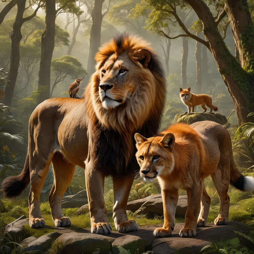 a lion and two lions standing on a rock in a forest with other animals around them and a third lion standing on a rock, furry art, a matte painting, Chris LaBrooy, official art