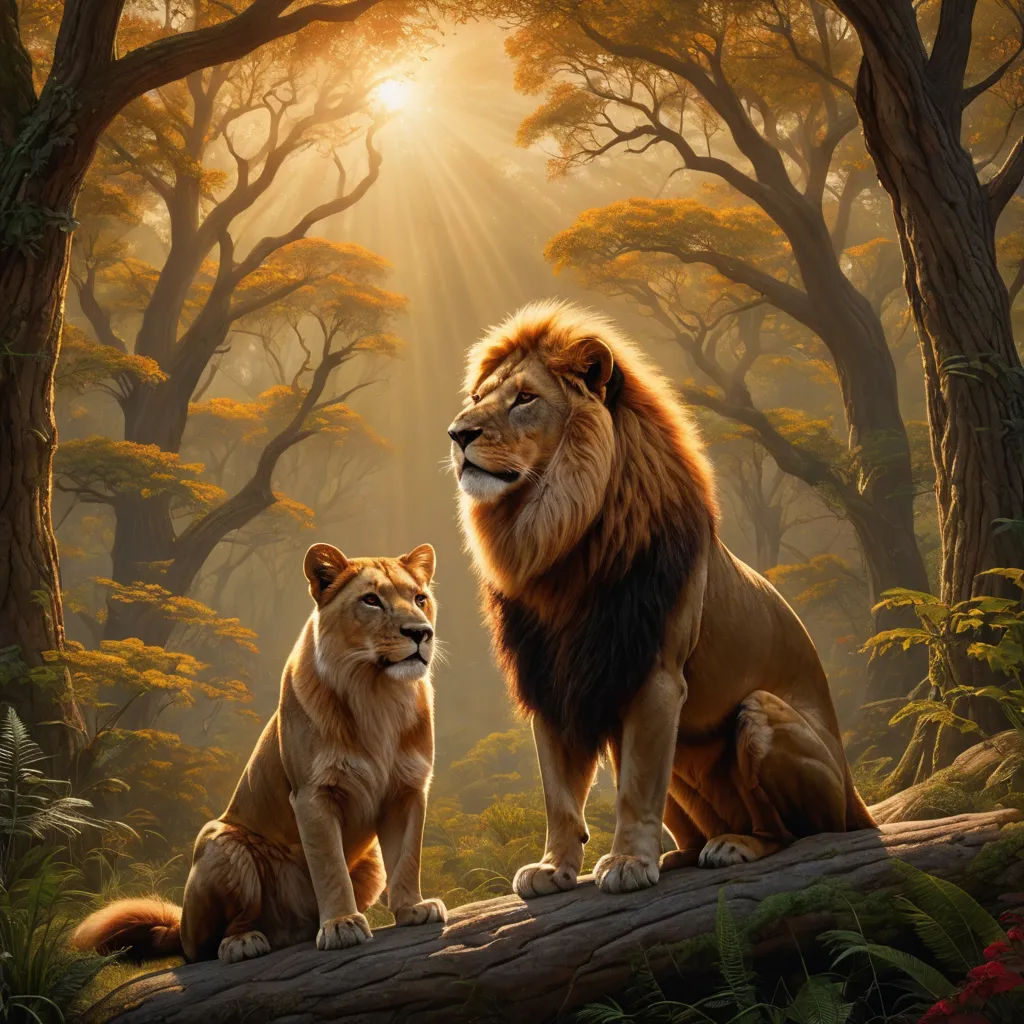a lion and a lioness sitting on a log in a forest with sunlight streaming through the trees and leaves, furry art, an oil painting, Brothers Hildebrandt, official art