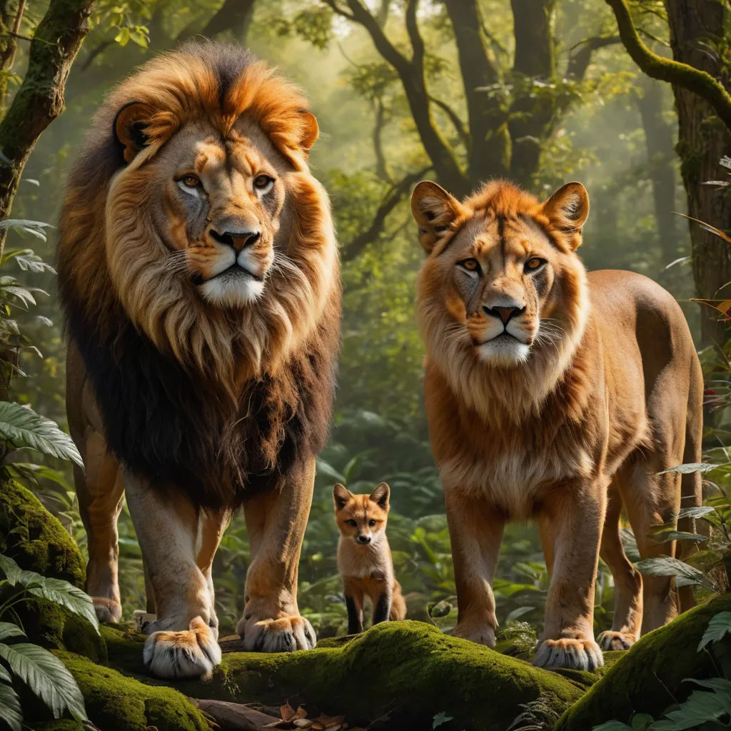 two lions standing in the middle of a forest with a baby lion in the foreground and a larger lion in the background, sumatraism, an oil painting, Chris LaBrooy, wildlife photography