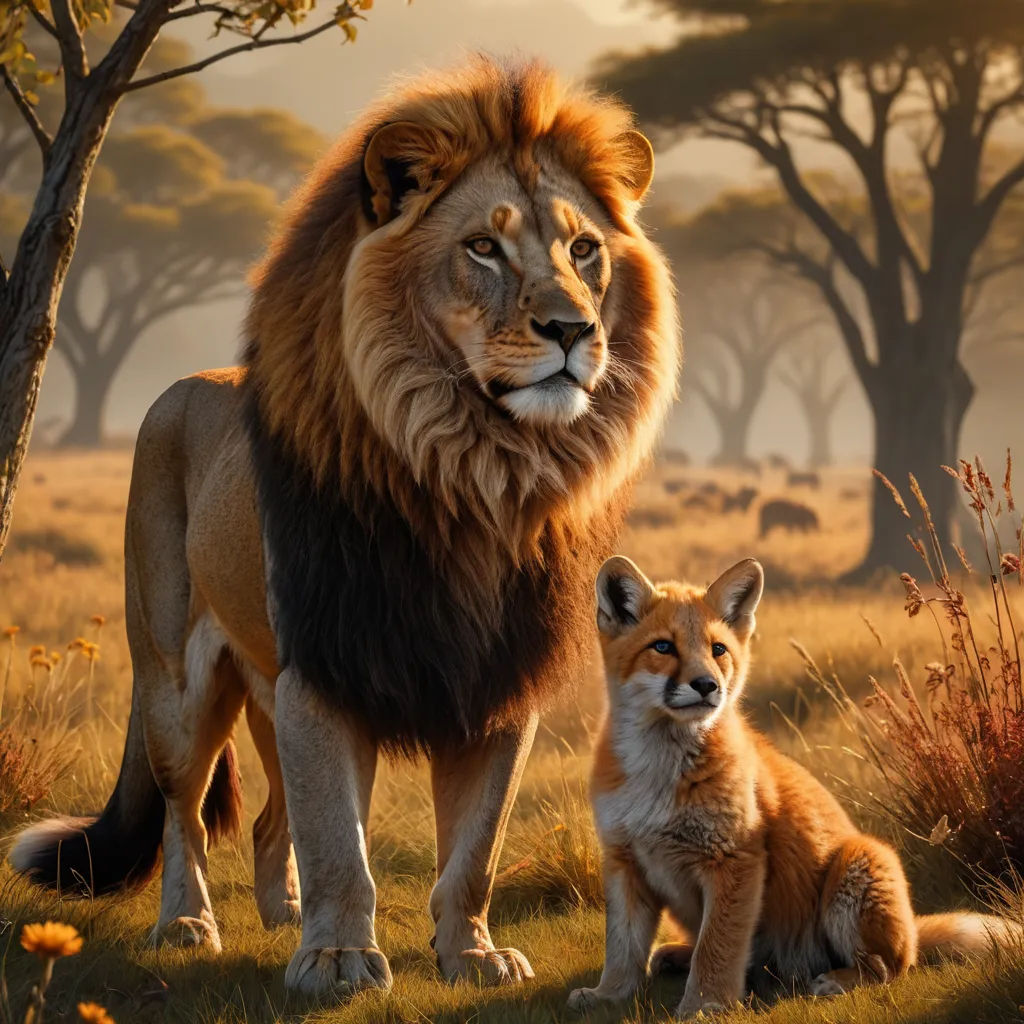 a lion and a fox are standing in a field of grass and trees, with a sunset in the background, furry art, a digital painting, Chris LaBrooy, wildlife photography