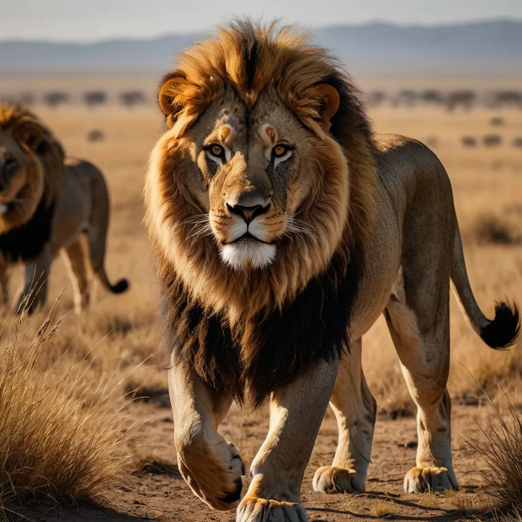 a lion walking across a dry grass covered field with other animals in the background on a sunny day in the wild, sumatraism, a stock photo, Bernd Fasching, wildlife photography