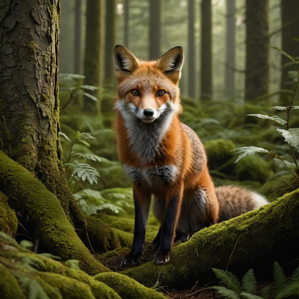 a red fox standing in the middle of a forest with mossy trees and ferns on the ground and a forest floor, furry art, a storybook illustration, Arie Smit, animal photography