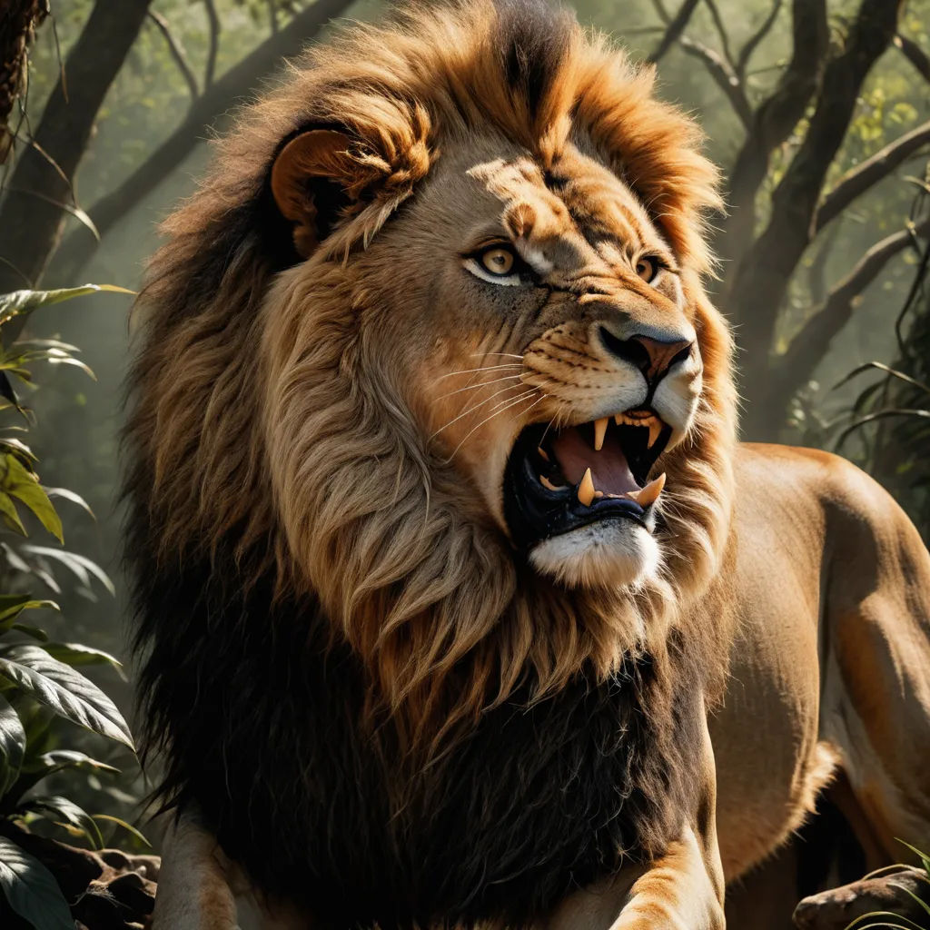 a lion with its mouth open in a jungle setting with trees and bushes in the background, with a light shining on the lion's face, photorealism, a 3D render, Edward George Handel Lucas, photoreal
