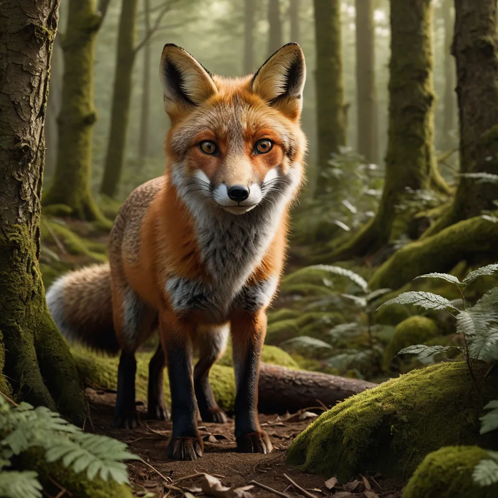 a fox standing in the middle of a forest with moss growing on the ground and trees around it,, furry art, a photorealistic painting, Arie Smit, animal photography