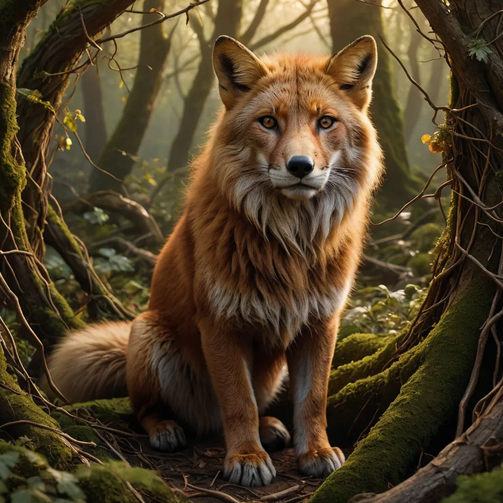 a fox sitting in a forest with mossy branches and trees around it, looking at the camera with a sad look on its face, furry art, a character portrait, Chris LaBrooy, animal photography