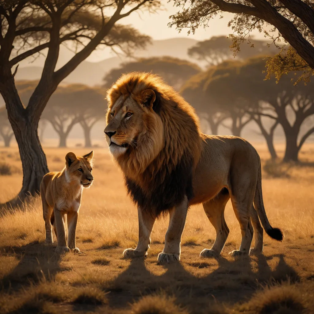 a lion and a lion cub stand in a field of grass with trees in the background and a sun light on the horizon, art photography, a colorized photo, Chris LaBrooy, wildlife photography