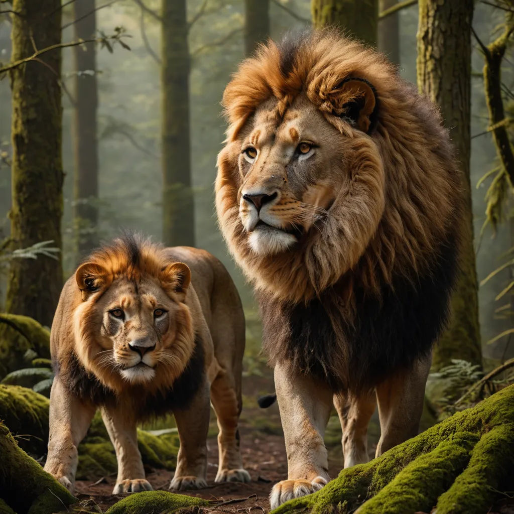 two lions walking in the woods together with moss on the ground and trees in the background, with one of them looking at the camera, sumatraism, a photorealistic painting, Brothers Hildebrandt, wildlife photography