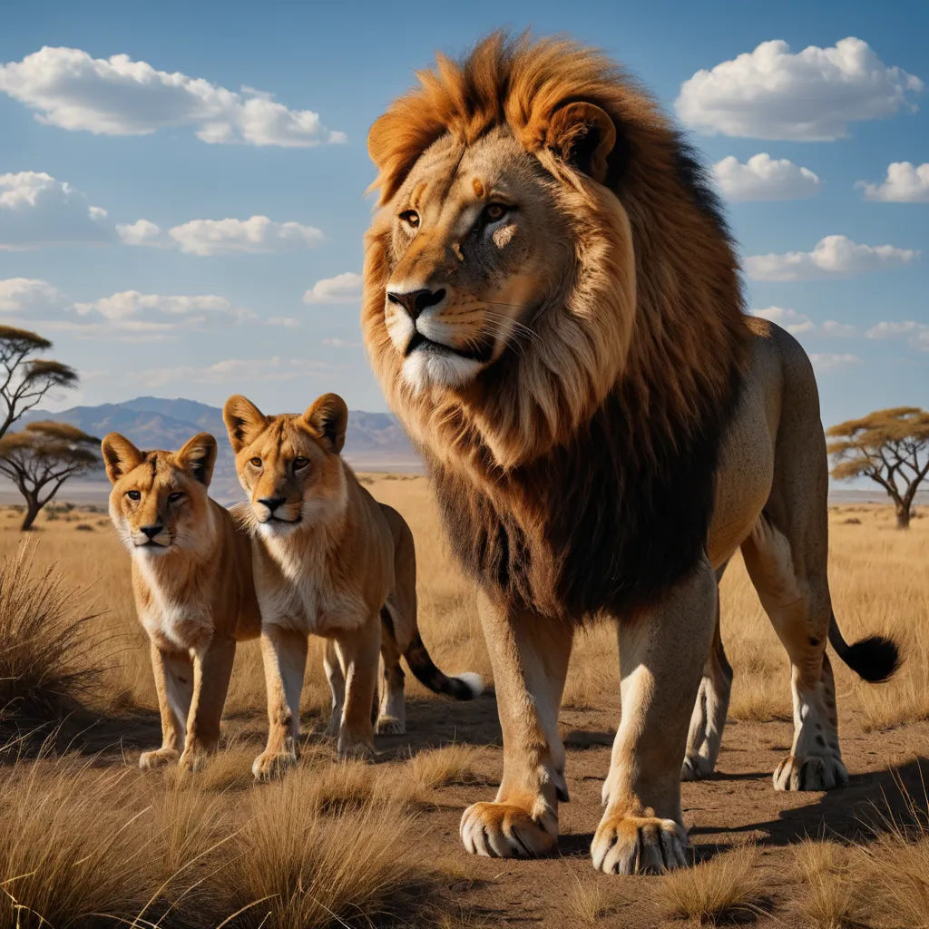 a lion and two cubs walking in the grass in front of a blue sky with clouds in the background, photorealism, a poster, Chris LaBrooy, imax 70 mm footage