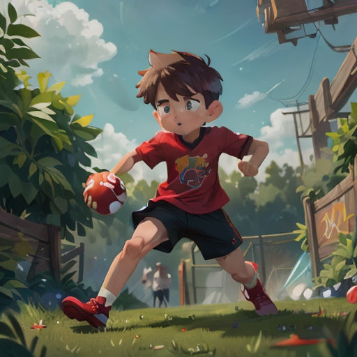 a boy in a red shirt holding a red ball in a grassy area with a fence and trees in the background