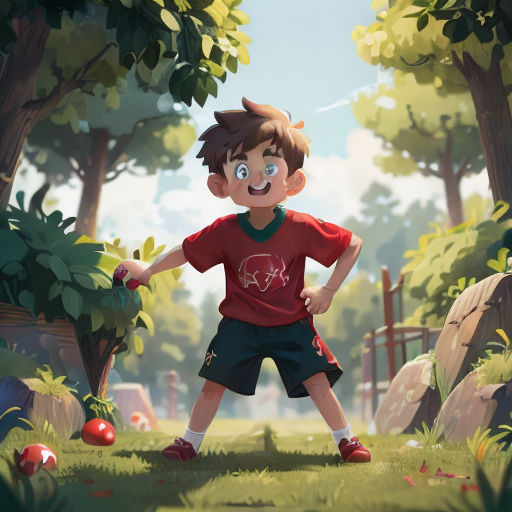 a boy in a red shirt holding a tennis racket in a park with trees and rocks in the background