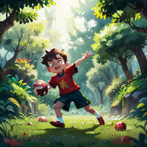 a boy running through a forest with a ball in his hand and a helmet on his hand, with a forest background