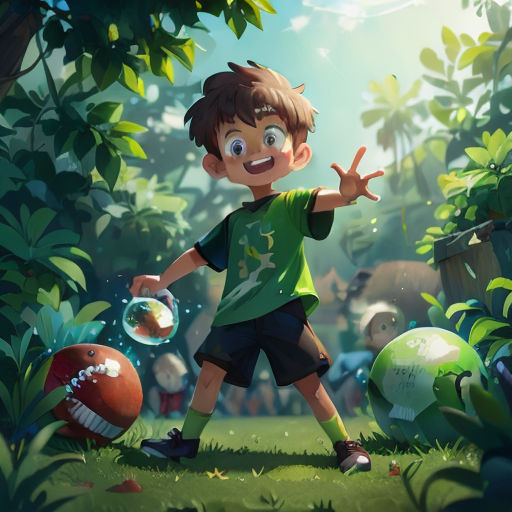 a boy in a green shirt is playing with a ball in the grass and trees with other toys in the background