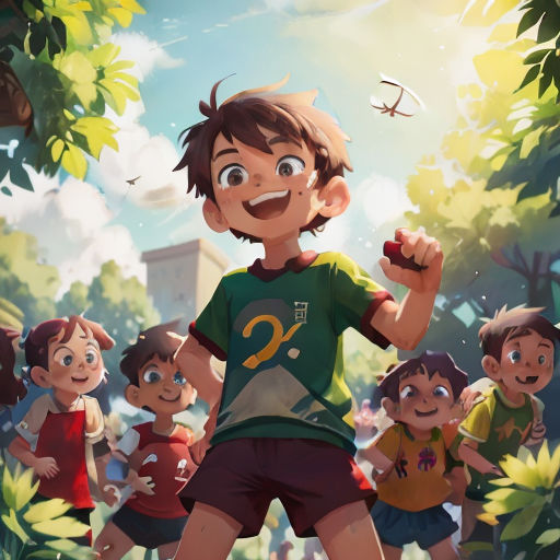 a boy is standing in front of a group of children in a forest with a bird flying overhead and a bird flying overhead