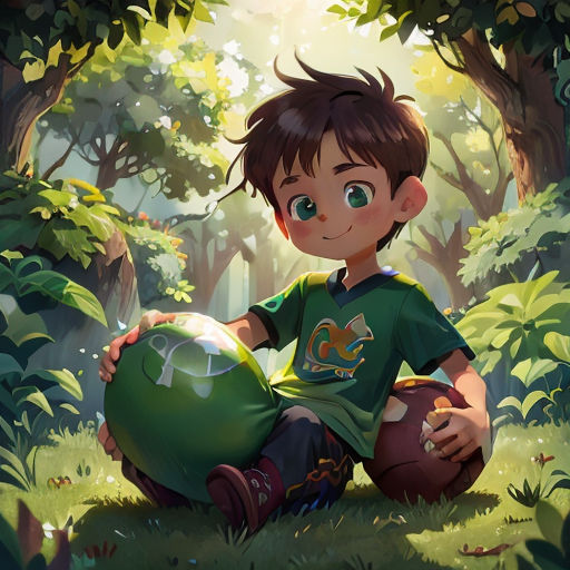 a boy sitting in the woods with a ball in his hand and a green shirt on his chest and a green helmet on his knee