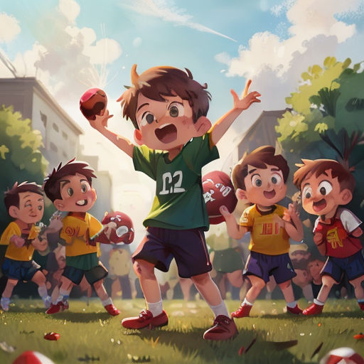 a group of children playing a game of football in a park with a building in the background and a boy holding a football in the air