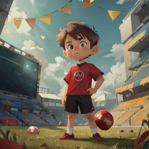 a boy standing in a field with a ball in his hand and a stadium in the background with flags