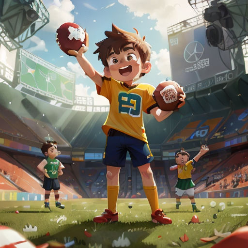 a boy holding a football in a stadium with other children around him and a football in his hand,