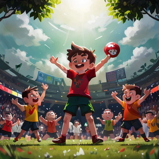 a cartoon of a boy holding a ball in front of a crowd of people in a stadium with a sky background