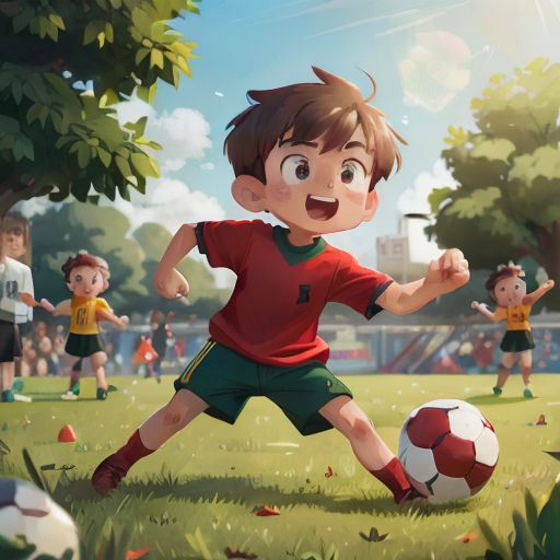 a boy kicking a soccer ball in a field with other children watching him from the sidelines of a soccer field