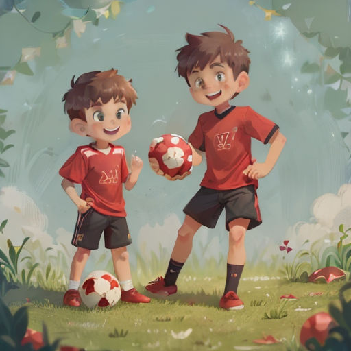 two young boys are holding soccer balls in a field of grass and flowers, with a blue sky in the background