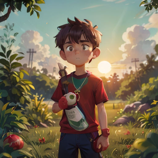 a boy holding a bottle of wine in a field of flowers and trees with the sun in the background