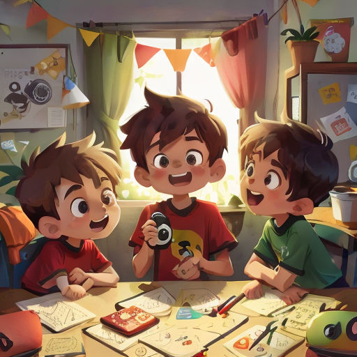 three children sitting at a table with a camera and a book in front of them, with a window in the background