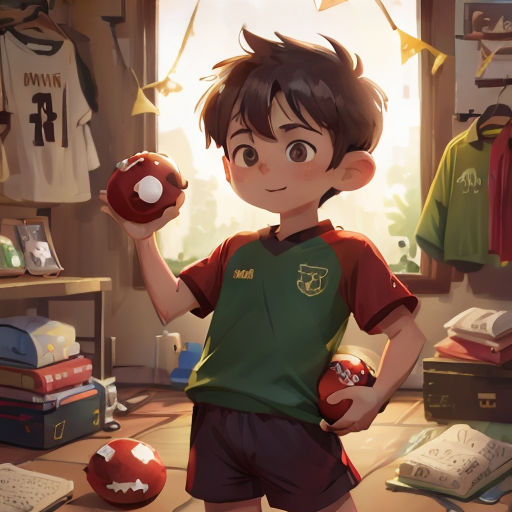 a boy holding a ball and a ball in his hand in a room with books and other items on the floor