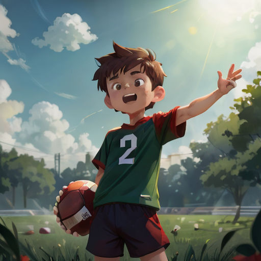 a boy in a green shirt holding a football in a field with trees and clouds in the background and a sky with clouds