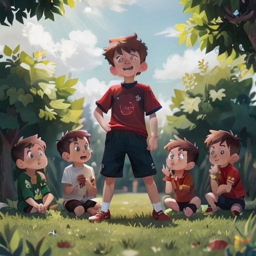 a group of children sitting in the grass near a tree and a boy standing in front of them with a red shirt