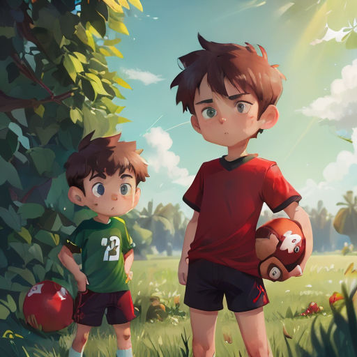 a boy and a boy holding a ball in a field of grass and trees with a sky background and sun shining through the clouds