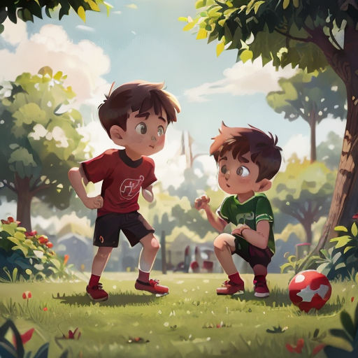 two boys playing soccer in a park with a ball in the grass and trees in the background, with a soccer ball in the foreground