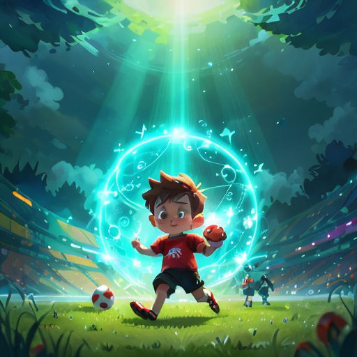 a boy playing soccer in a field with a ball in his hand and a glowing orb in the background