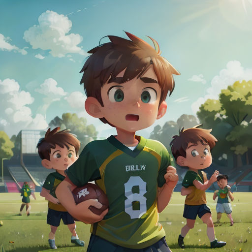 a boy holding a football while standing on a field with other children in the background and a sky with clouds