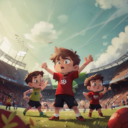 a group of children playing soccer in a stadium with a sky background and a stadium full of people in the background