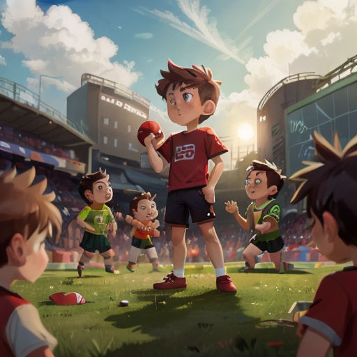 a group of children playing a game of football in a stadium with a man in the middle of the field