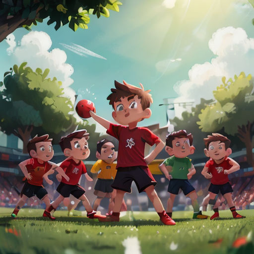 a cartoon of a boy throwing a ball to a group of other boys in a field with a stadium in the background