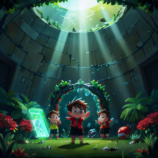 a cartoon of a boy and a girl standing in a cave with a green door and a green light coming from the entrance