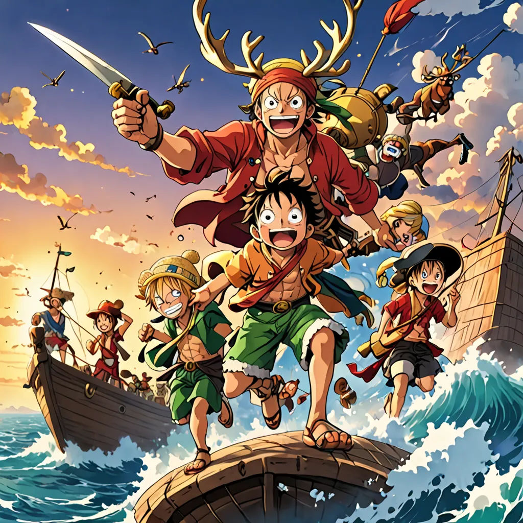 a cartoon of a pirate with a bunch of kids on a boat in the ocean with a ship in the background, dau-al-set, poster art, Eiichiro Oda, official art