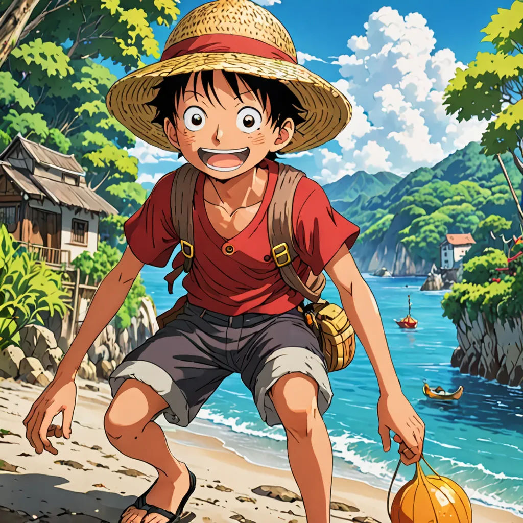 a man with a hat and a backpack on a beach with a pumpkin in his hand and a boat in the water, les nabis, poster art, Eiichiro Oda, anime key visual