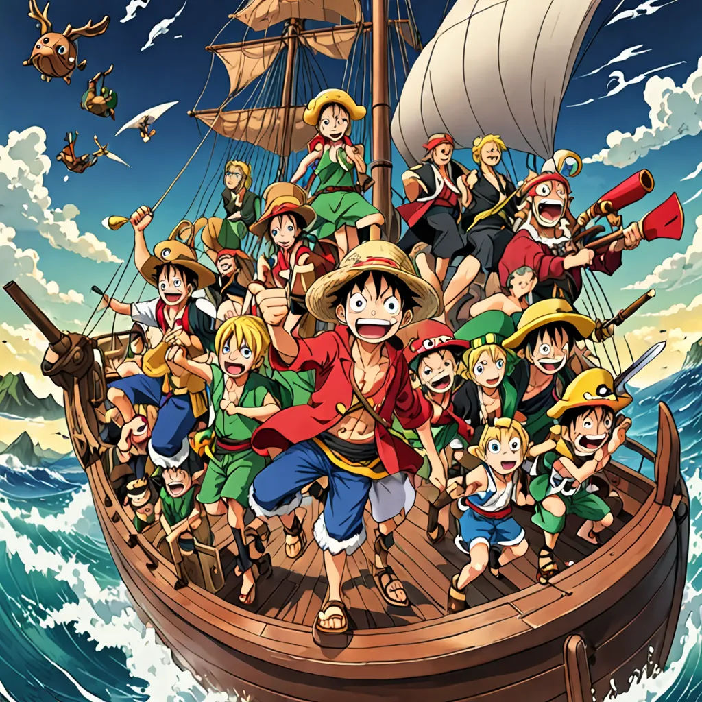 Luffy and his friends - Zoro, Nami, Usopp, Sanji, and Chopper set off on their journey, facing fearsome pirates, mysterious islands, and ancient sea monsters.