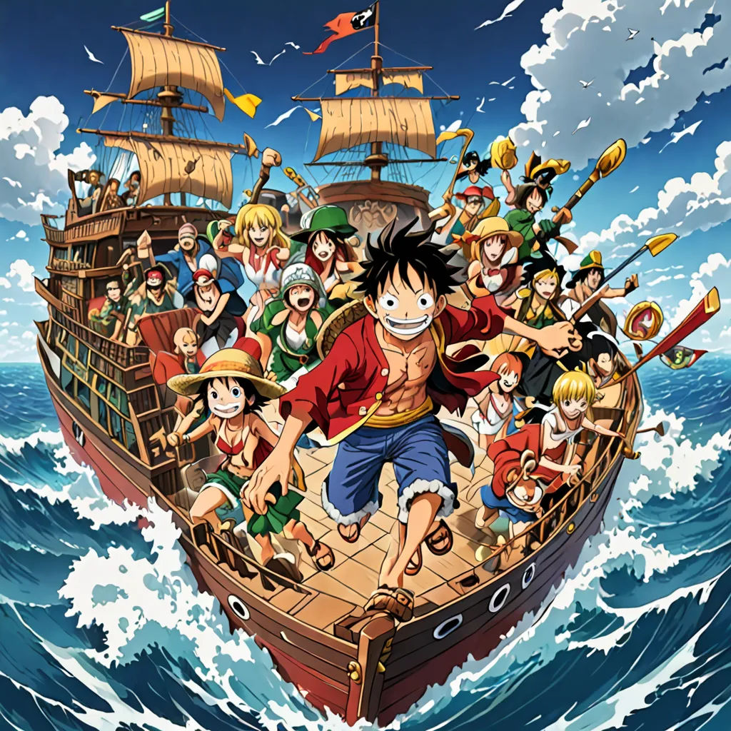 a cartoon of a pirate ship with a lot of people on it's deck and a pirate ship in the background, les nabis, poster art, Eiichiro Oda, key visual