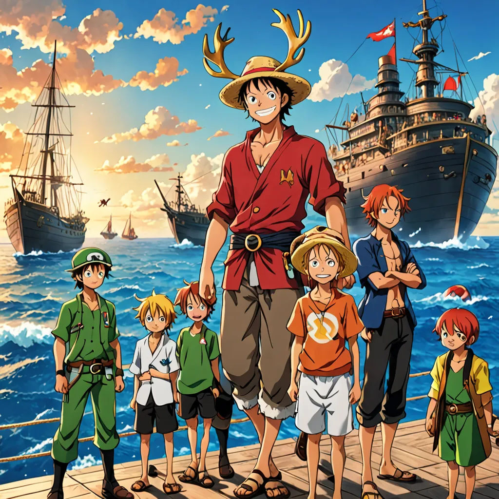 a group of people standing on a dock near a ship in the ocean with a man in a hat, dau-al-set, a poster, Eiichiro Oda, anime key visual