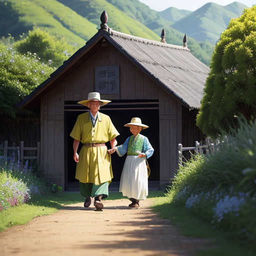 a man and woman in traditional korean dress walking towards a small building with a mountain in the background and a path leading to it