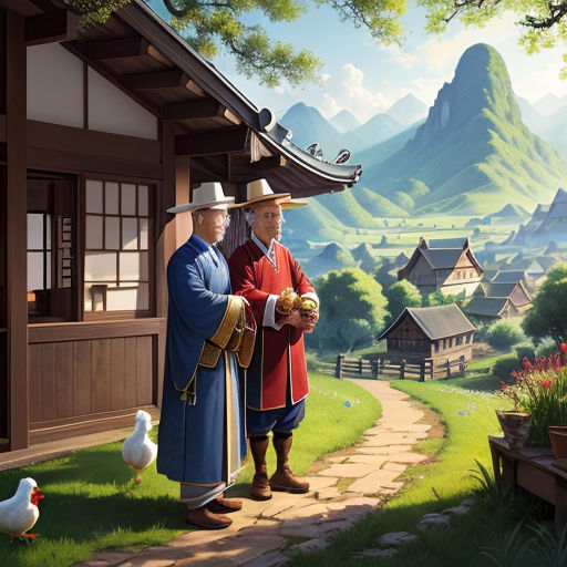 a painting of two men in traditional japanese garb standing outside a house with a goose nearby and a bird nearby