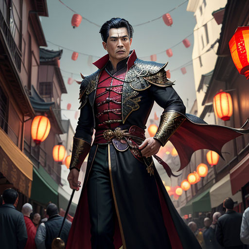 a man in a red and black outfit standing in a street with lanterns in the background and a red lantern hanging from the ceiling